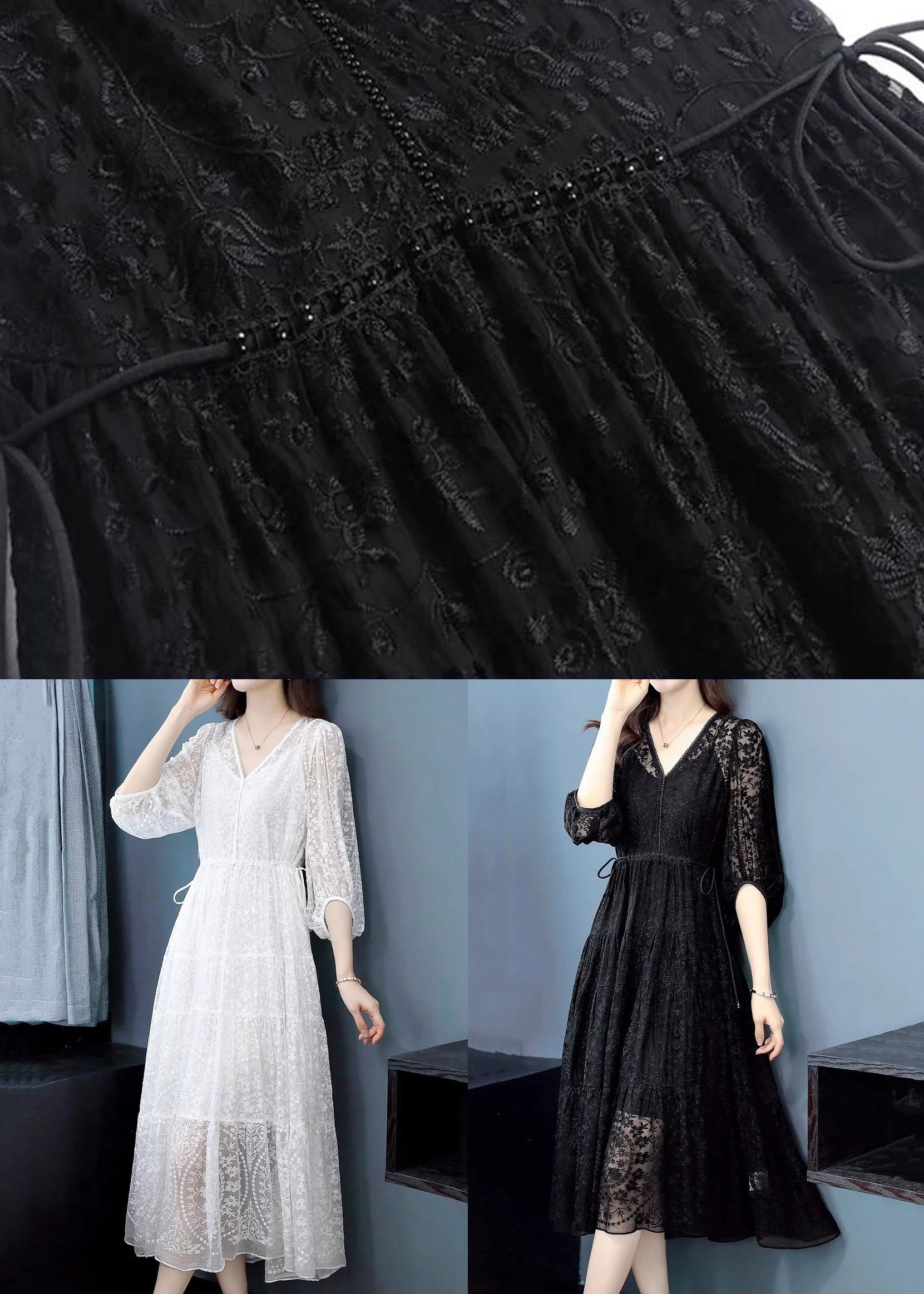 White Lace Up Nail Bead Long Dresses V Neck Summer - Image 5