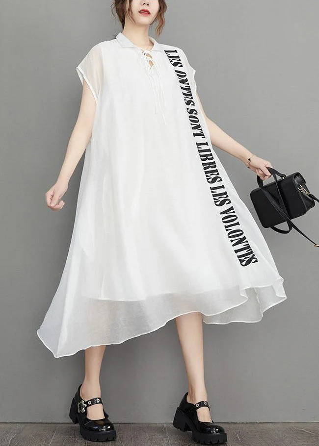 White Lace Up Silk Cotton Long Dress Embroidered Short Sleeve - Image 3