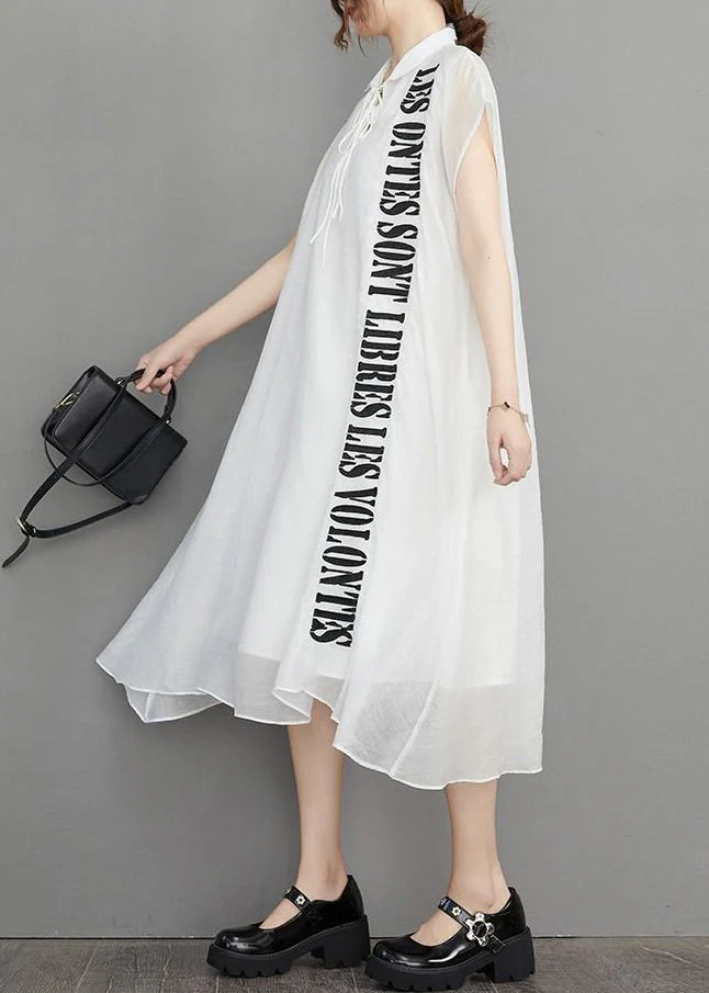 White Lace Up Silk Cotton Long Dress Embroidered Short Sleeve - Image 4
