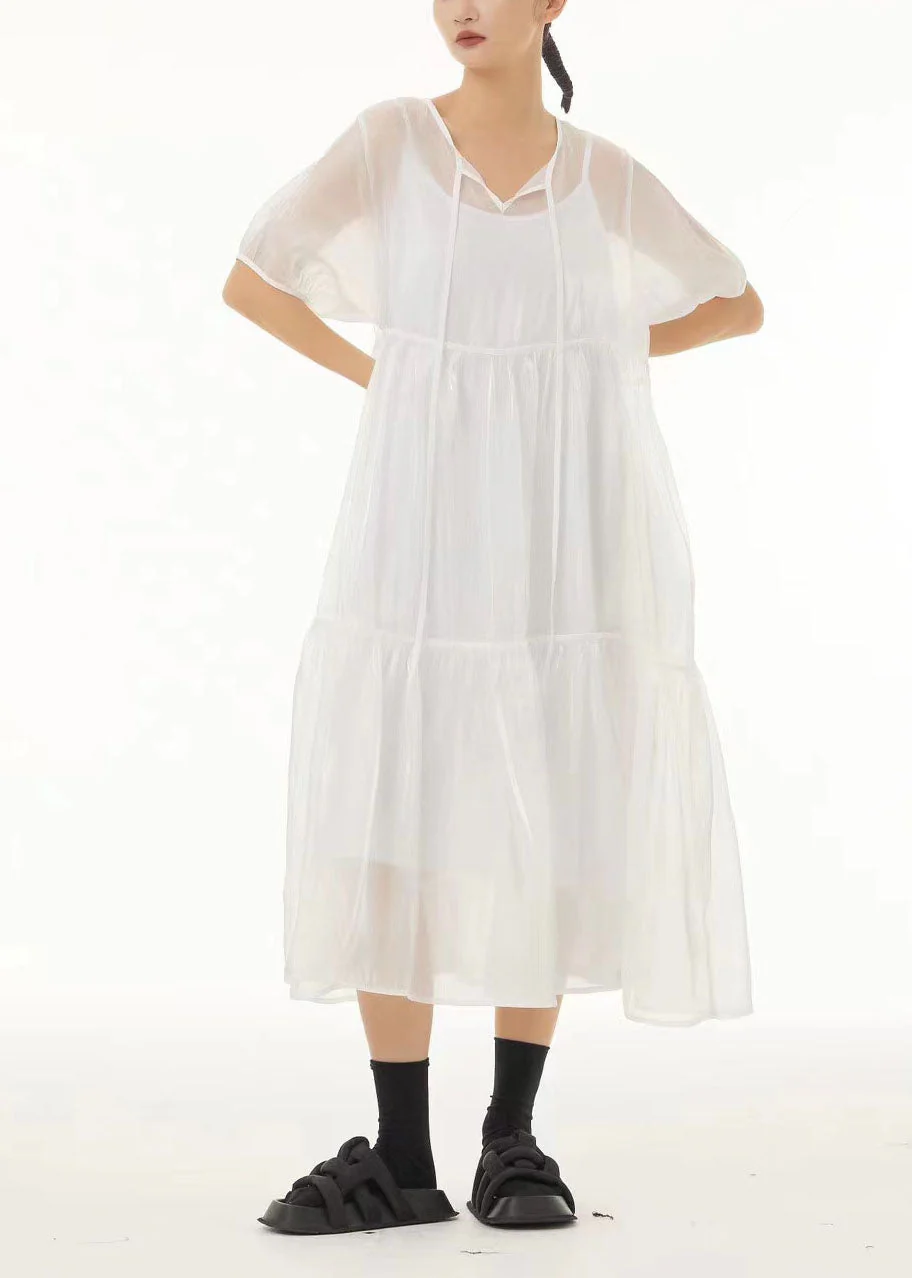 White Lace Up Tulle Long Dress Two Pieces Set Exra Large Hem Summer