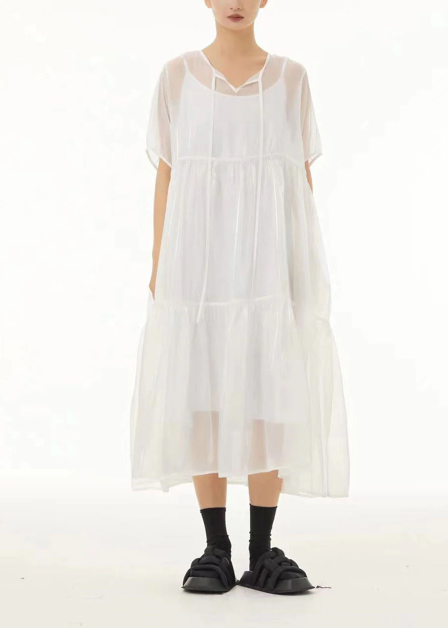 White Lace Up Tulle Long Dress Two Pieces Set Exra Large Hem Summer - Image 2