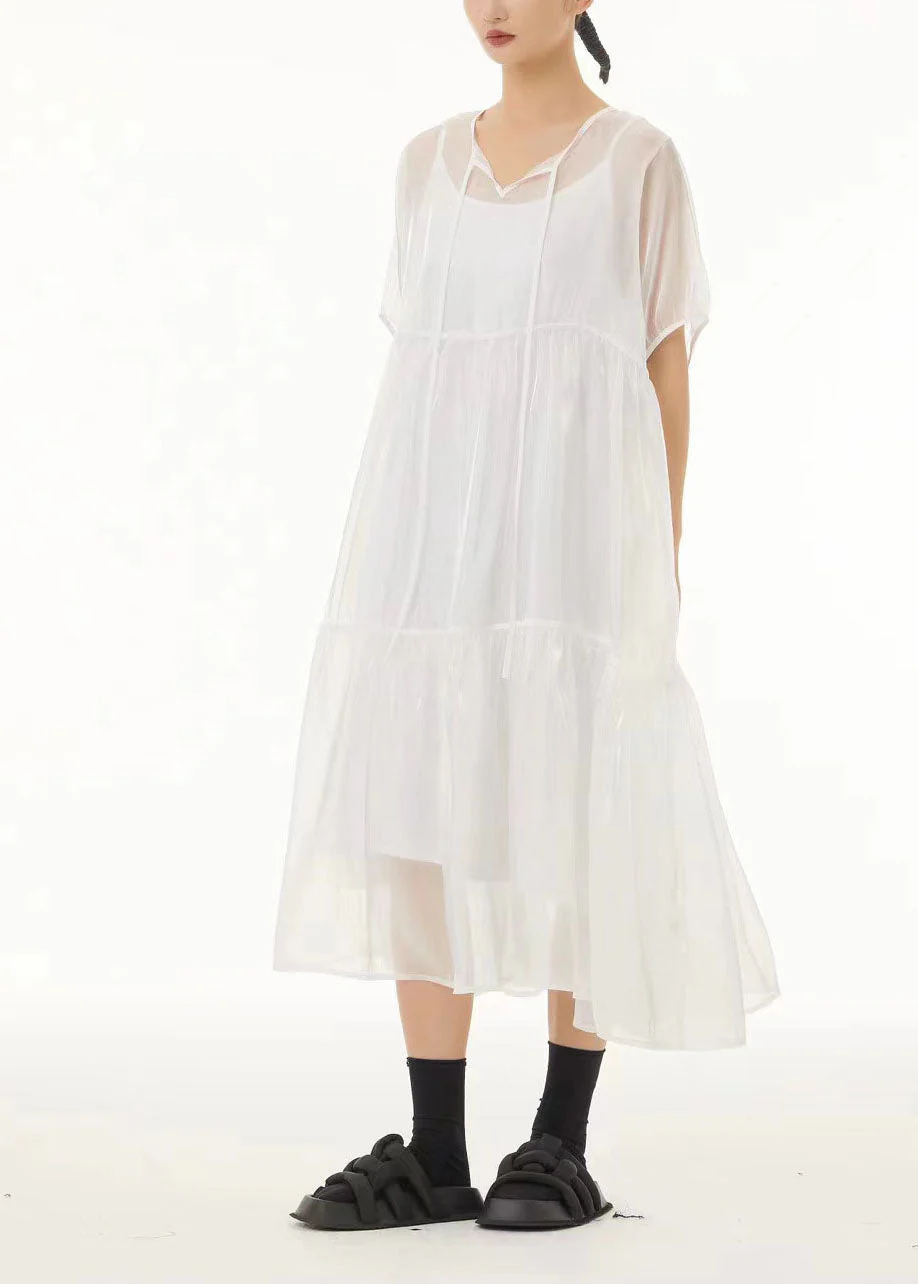 White Lace Up Tulle Long Dress Two Pieces Set Exra Large Hem Summer - Image 3