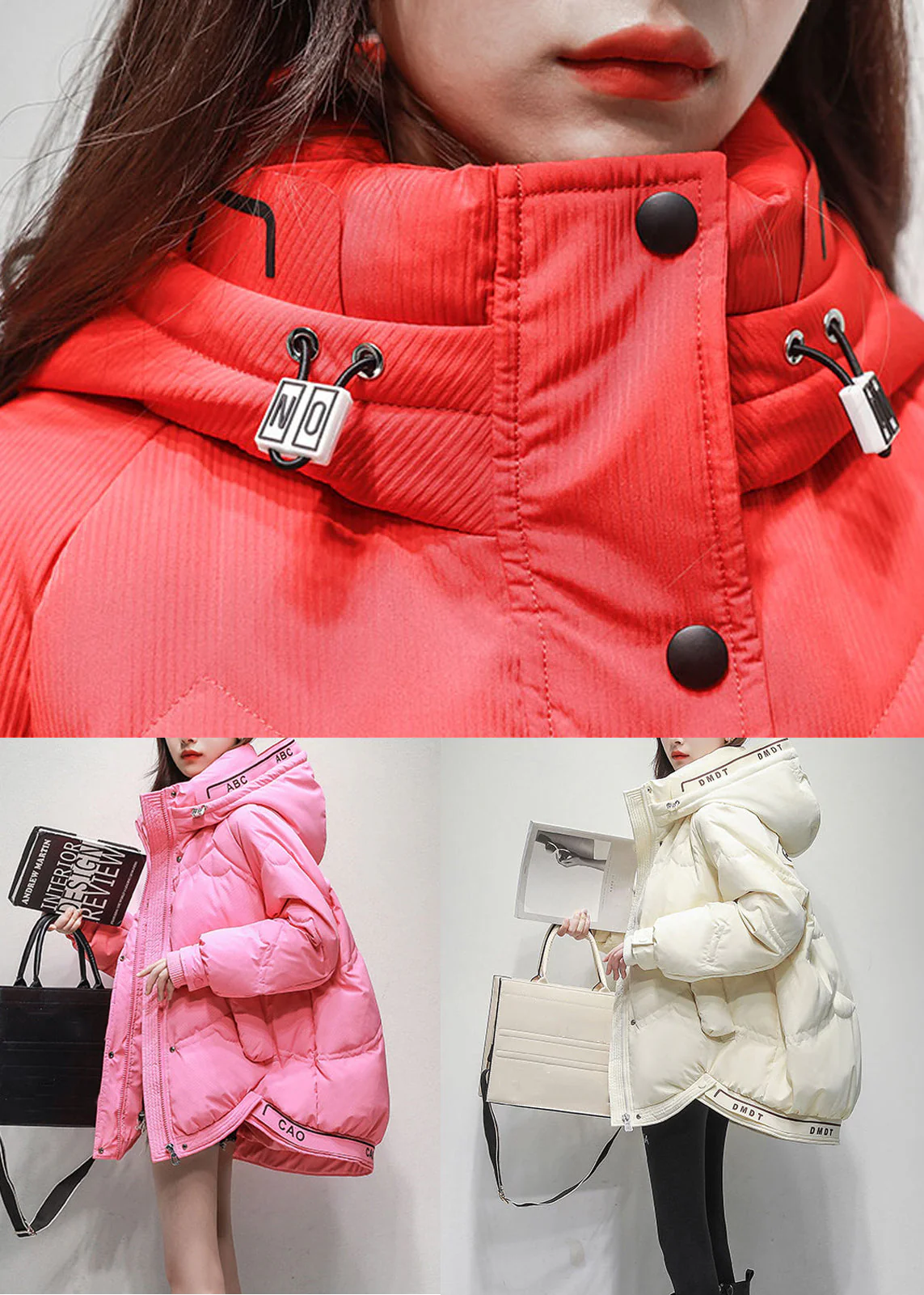 White Letter Drawstring Duck Down Winter Coats Hooded - Image 5