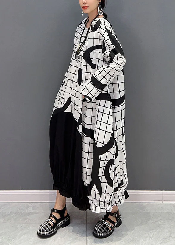 White Letter Print Cotton Ankle Dress O-Neck Wrinkled Spring - Image 2
