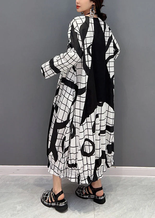 White Letter Print Cotton Ankle Dress O-Neck Wrinkled Spring - Image 3