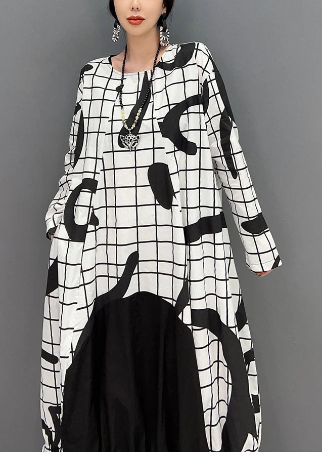 White Letter Print Cotton Ankle Dress O-Neck Wrinkled Spring - Image 4