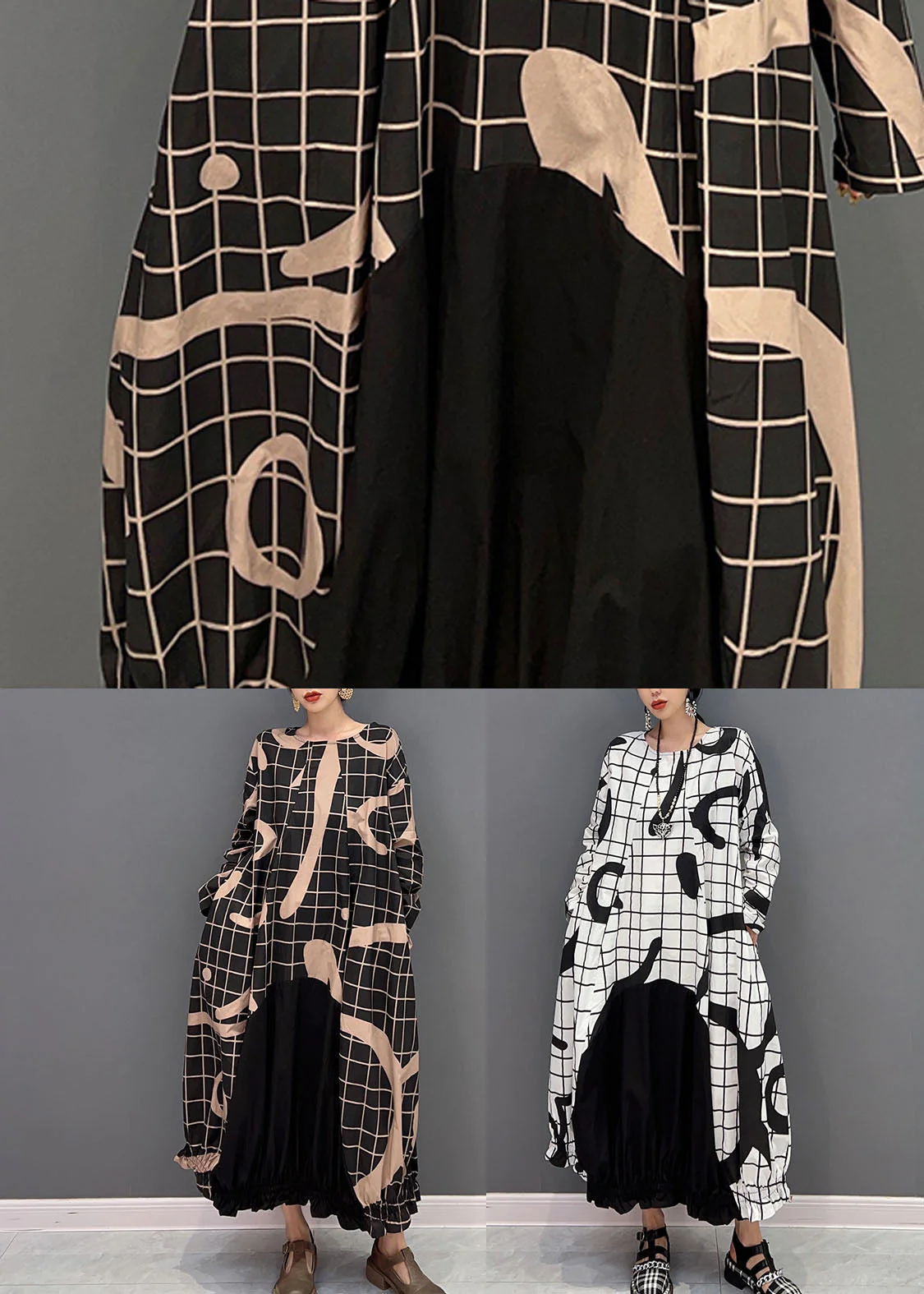 White Letter Print Cotton Ankle Dress O-Neck Wrinkled Spring - Image 5