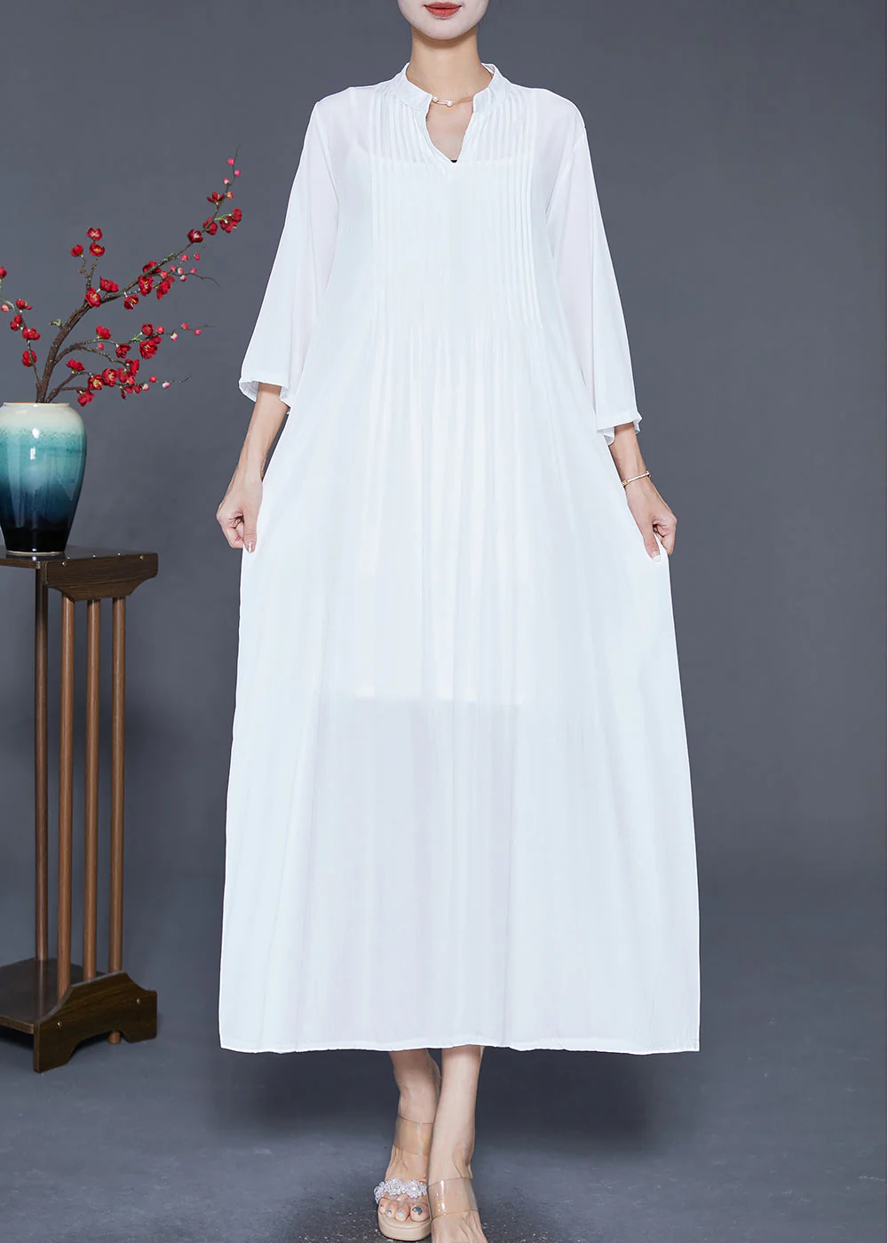 White Linen A Line Dresses Oversized Wrinkled Bracelet Sleeve - Image 2