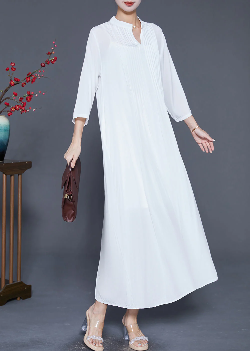 White Linen A Line Dresses Oversized Wrinkled Bracelet Sleeve - Image 3