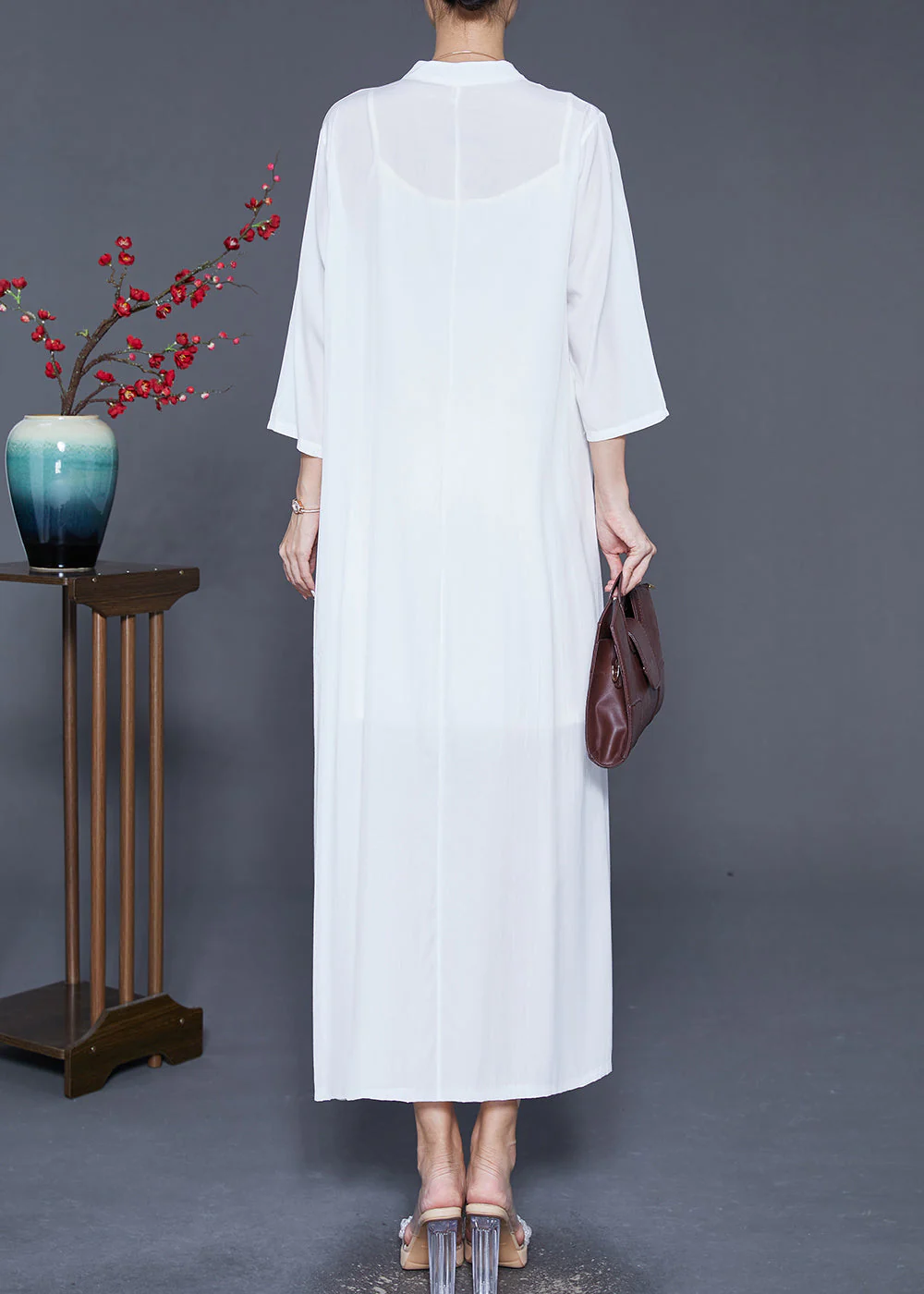 White Linen A Line Dresses Oversized Wrinkled Bracelet Sleeve - Image 4