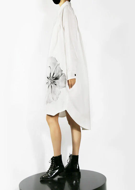 White loose shirt Dresses low high design Long Sleeve - Image 3
