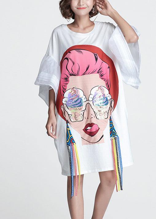White O-Neck Flare Sleeve Print Summer Vacation Dress - Image 2