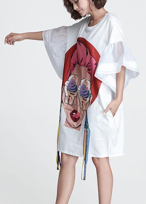 White O-Neck Flare Sleeve Print Summer Vacation Dress - Image 3