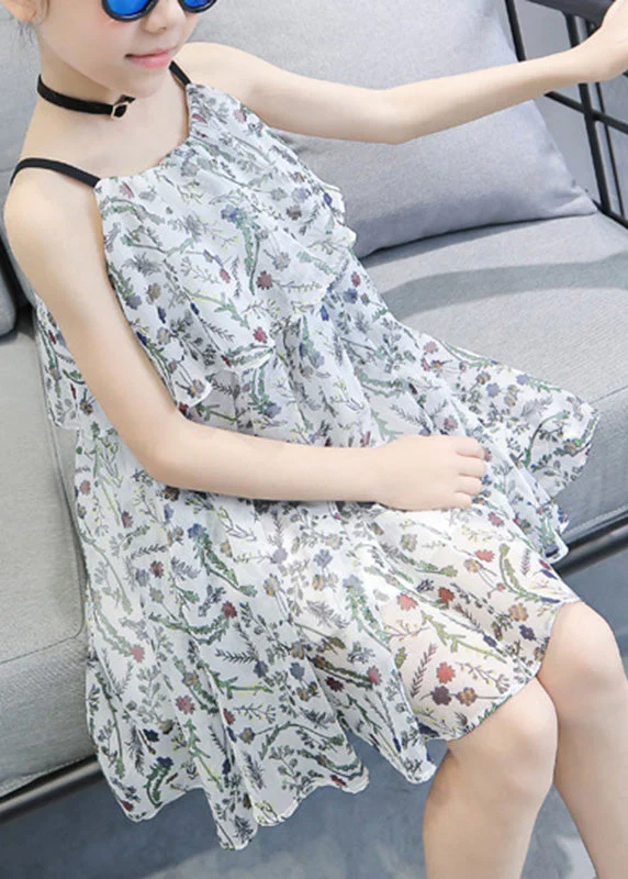 White O-Neck Girls Chiffon Slip Mid Dress Summer - Image 2