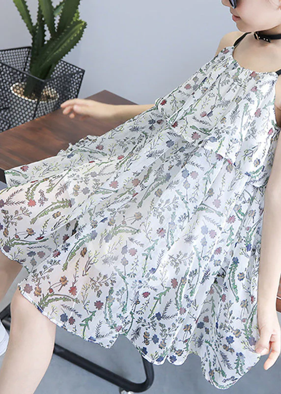 White O-Neck Girls Chiffon Slip Mid Dress Summer - Image 3