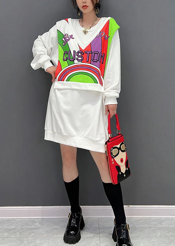 White O-Neck Print Fake Two Pieces Cotton Mid Dresses Winter - Image 2