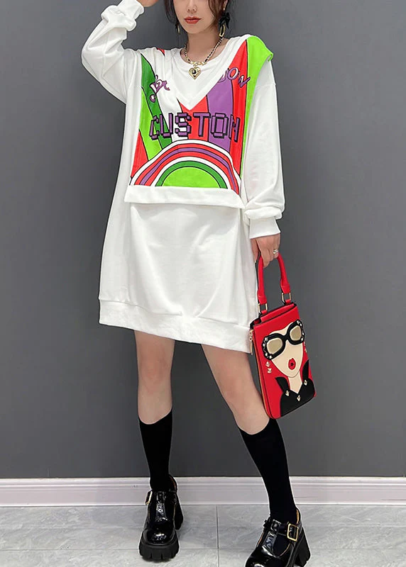 White O-Neck Print Fake Two Pieces Cotton Mid Dresses Winter - Image 3