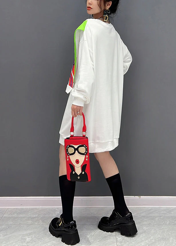 White O-Neck Print Fake Two Pieces Cotton Mid Dresses Winter - Image 4