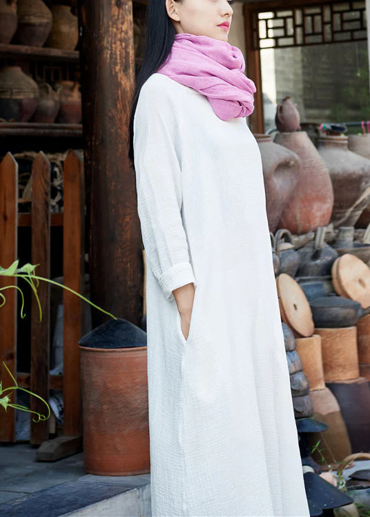 White O-Neck Solid Maxi Dresses Long Sleeve - Image 2