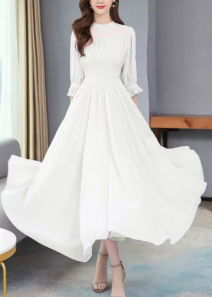 White O-Neck Wrinkled Tunic Chiffon Maxi Holiday Dress Summer - Image 2