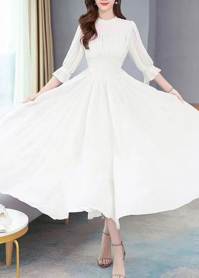 White O-Neck Wrinkled Tunic Chiffon Maxi Holiday Dress Summer - Image 3