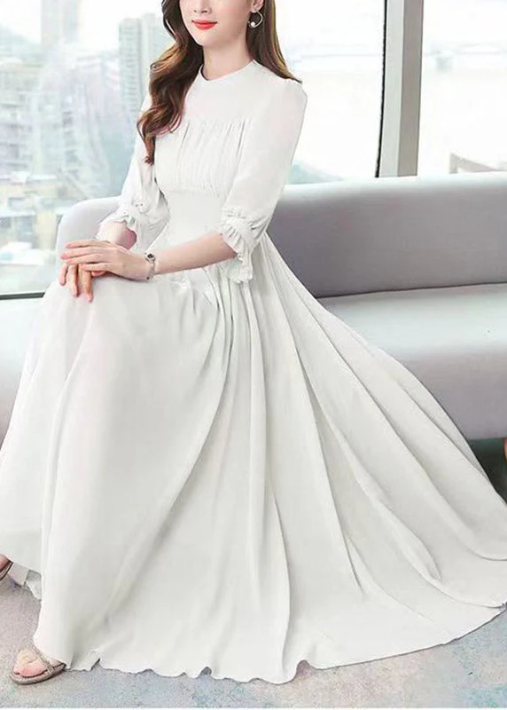White O-Neck Wrinkled Tunic Chiffon Maxi Holiday Dress Summer - Image 4