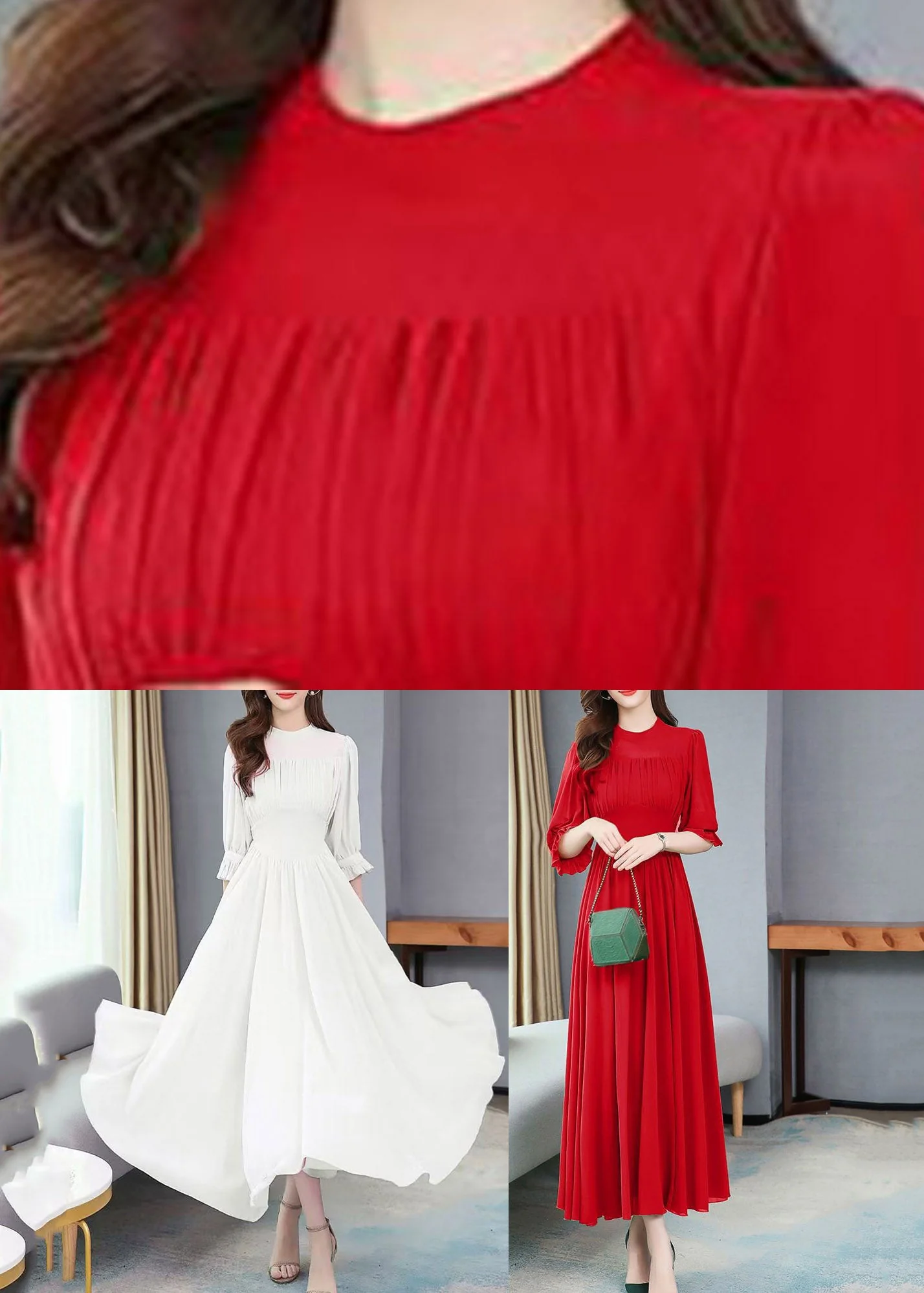 White O-Neck Wrinkled Tunic Chiffon Maxi Holiday Dress Summer - Image 5