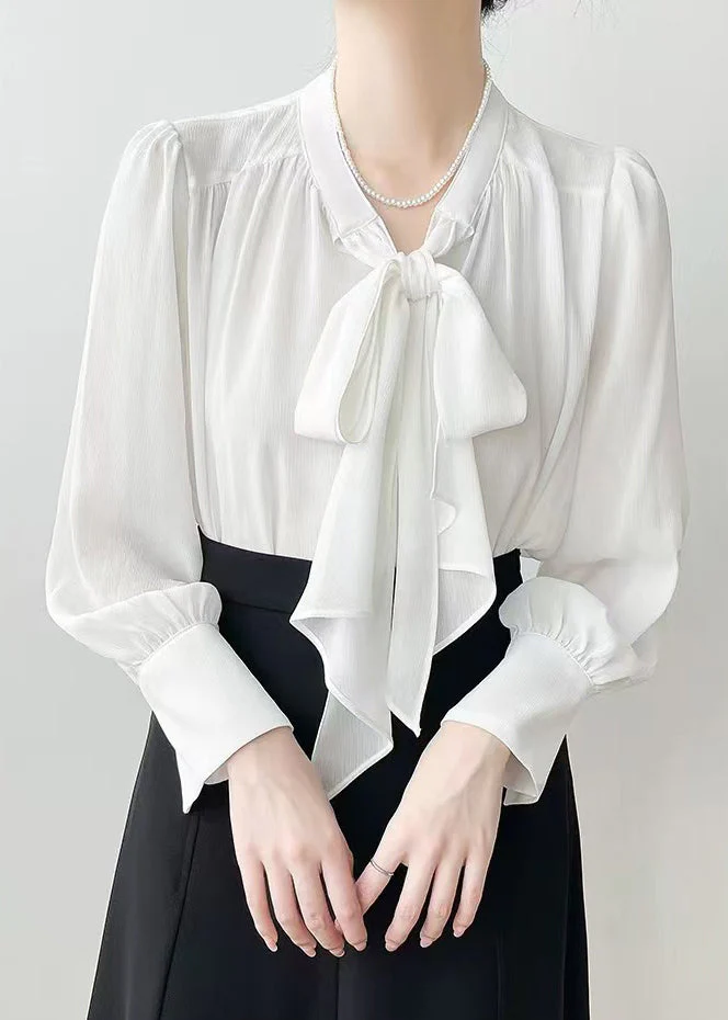 White Oversized Chiffon Shirts Bow Draping Spring