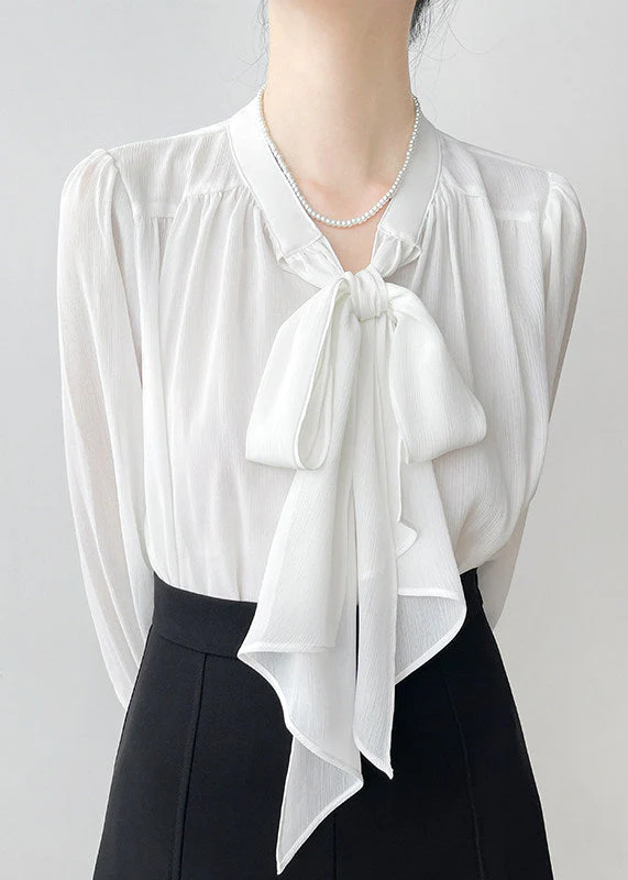 White Oversized Chiffon Shirts Bow Draping Spring - Image 2