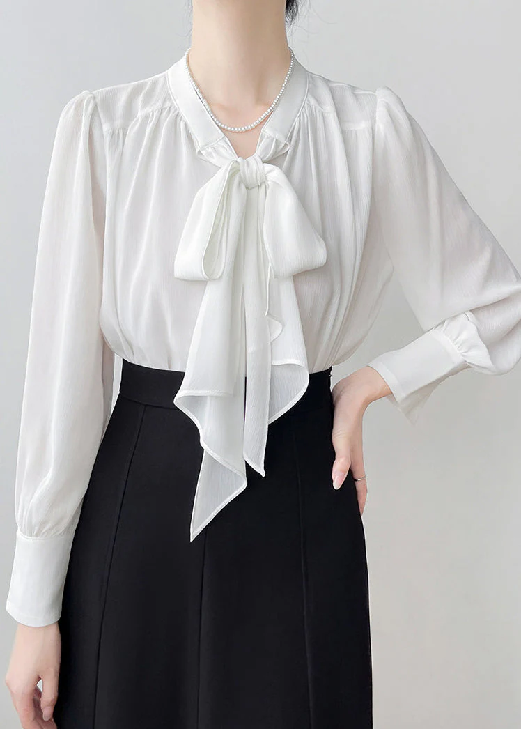White Oversized Chiffon Shirts Bow Draping Spring - Image 3