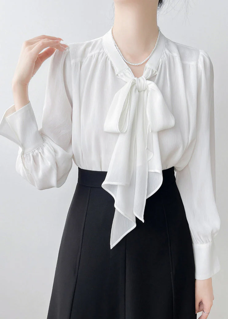 White Oversized Chiffon Shirts Bow Draping Spring - Image 4