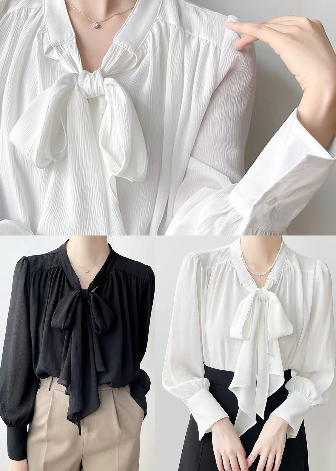 White Oversized Chiffon Shirts Bow Draping Spring - Image 5