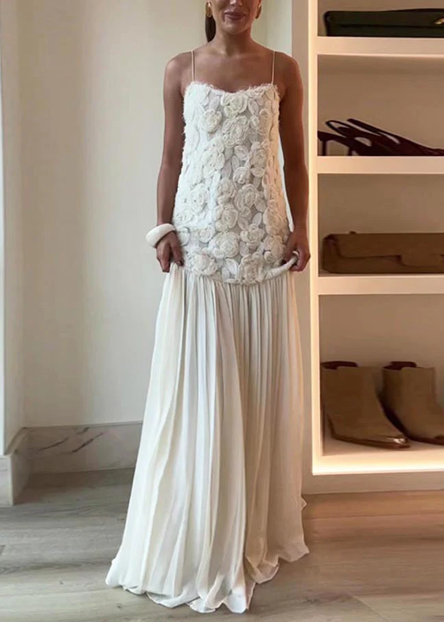 White Patchwork Chiffon Sundress Flowers Decorated Summer - Image 3