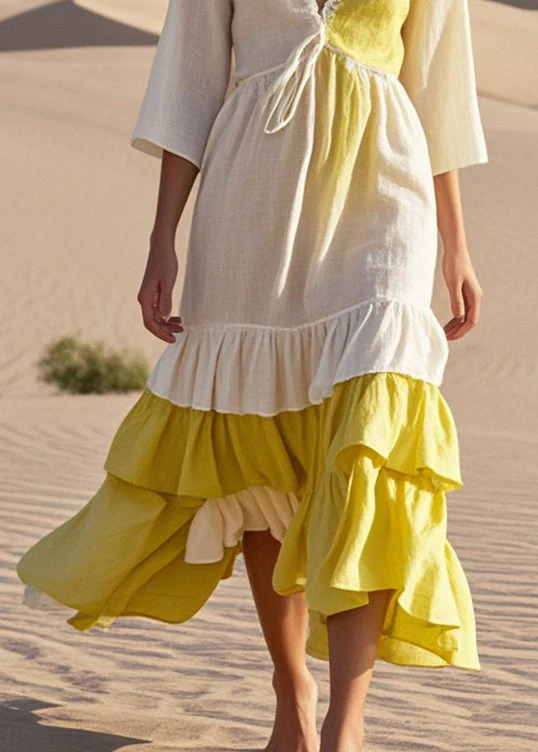 White Patchwork Cotton Dresses Tie Dye Bracelet Sleeve - Image 4