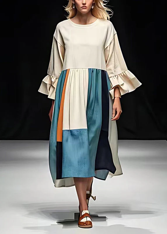 White Patchwork Cotton Long Dress Exra Large Hem Flare Sleeve - Image 2