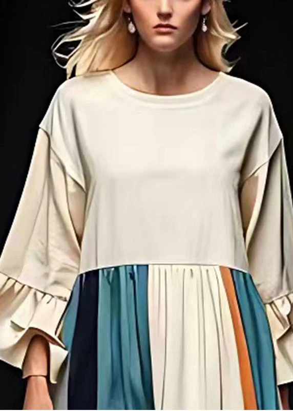 White Patchwork Cotton Long Dress Exra Large Hem Flare Sleeve - Image 3