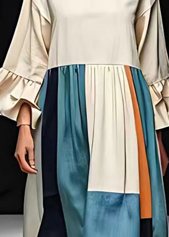 White Patchwork Cotton Long Dress Exra Large Hem Flare Sleeve - Image 4