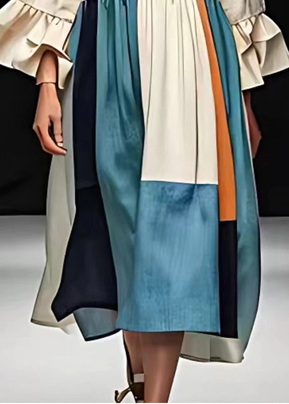 White Patchwork Cotton Long Dress Exra Large Hem Flare Sleeve - Image 5