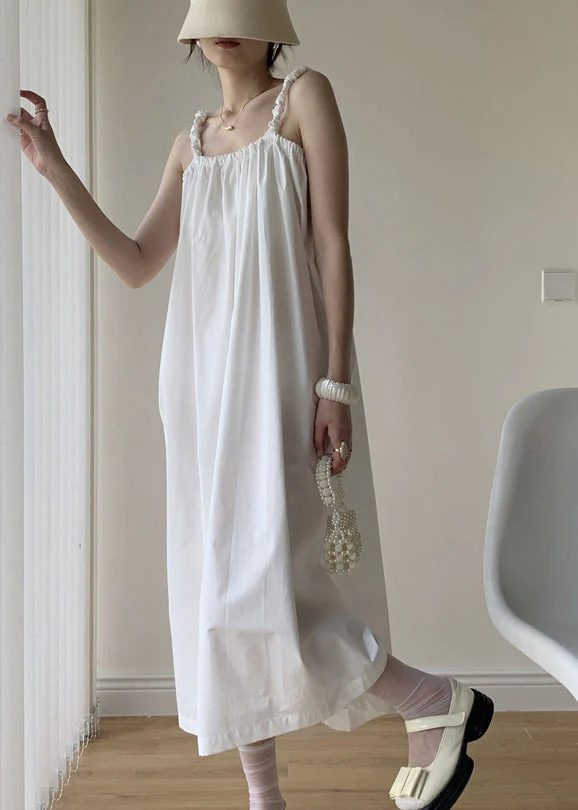 White Patchwork Cotton Long Dresses Backless Lace Up Summer - Image 3