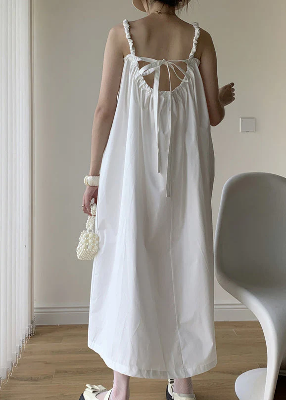 White Patchwork Cotton Long Dresses Backless Lace Up Summer - Image 4