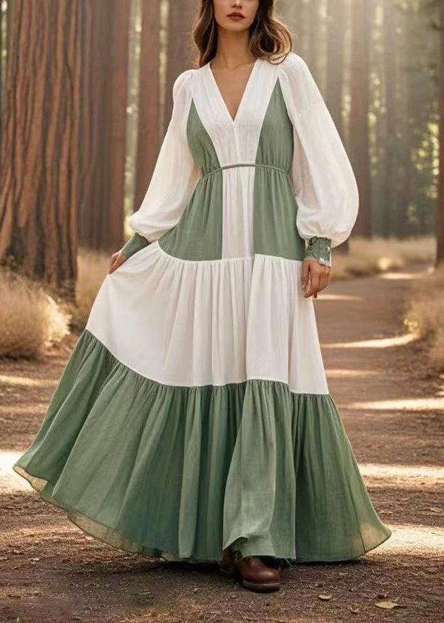 White Patchwork Cotton Maxi Dress V Neck Exra Large Hem Spring - Image 3