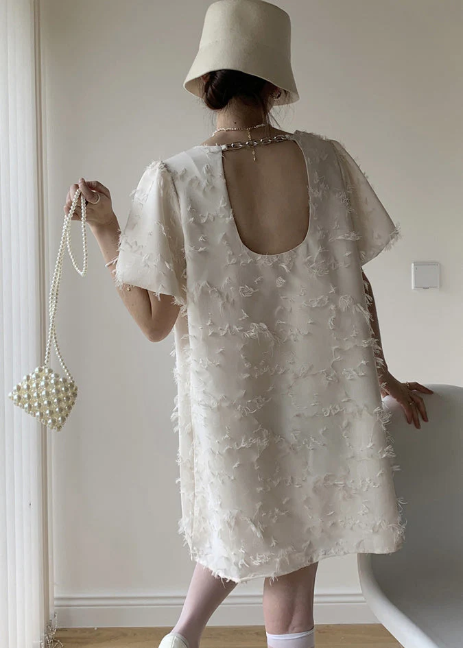 White Patchwork Cotton Mid Dresses Backless Tasseled Summer - Image 3