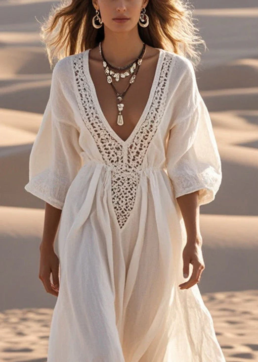 White Patchwork Cotton Party Dress Hollow Out Bracelet Sleeve - Image 2
