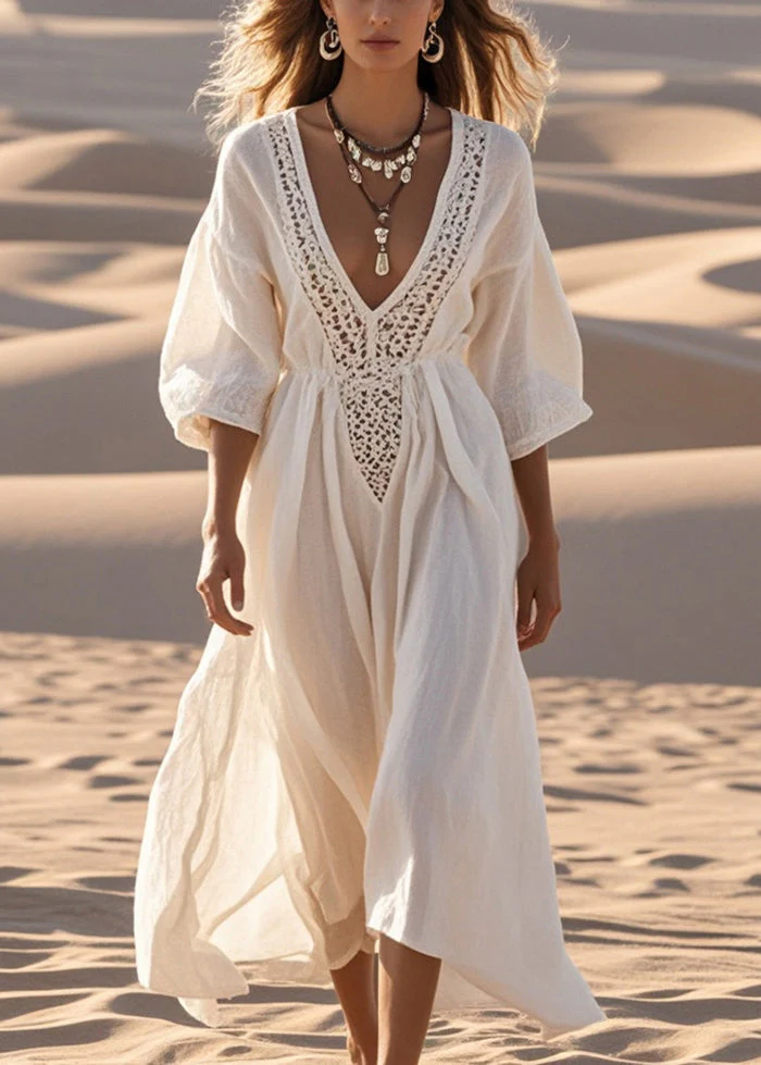 White Patchwork Cotton Party Dress Hollow Out Bracelet Sleeve - Image 3