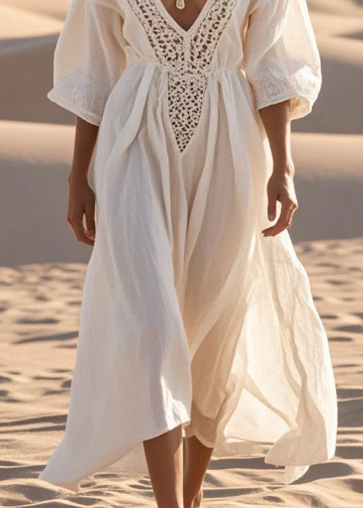 White Patchwork Cotton Party Dress Hollow Out Bracelet Sleeve - Image 4