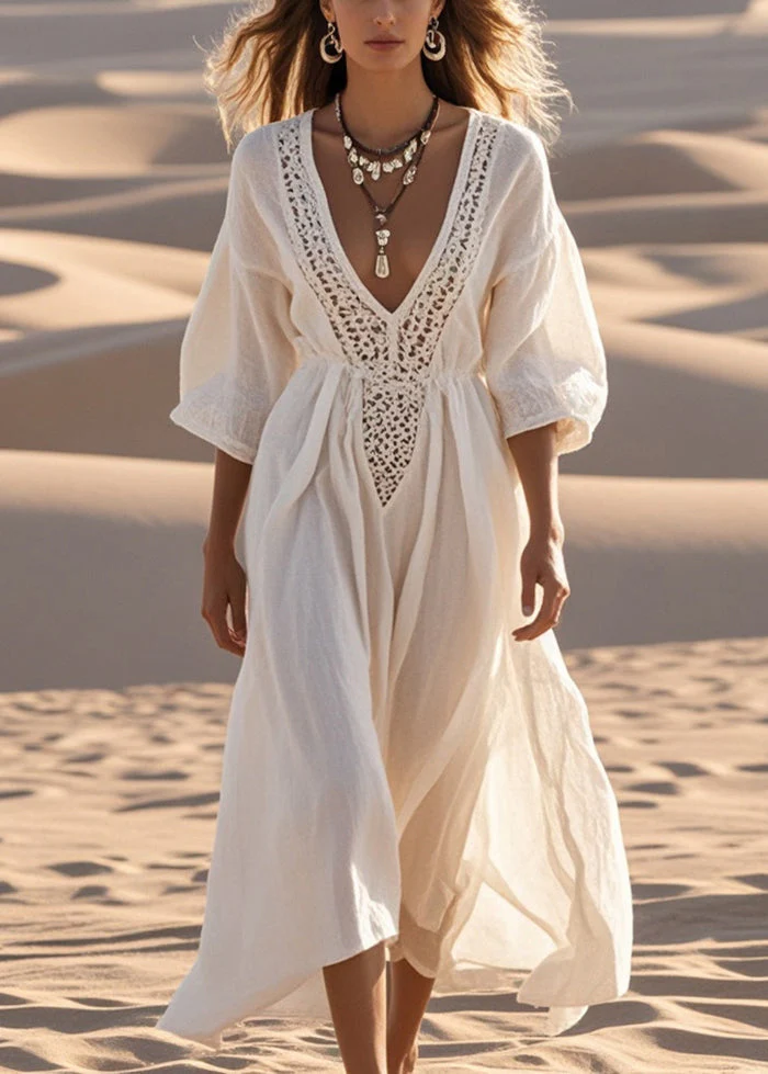 White Patchwork Cotton Party Dress Hollow Out Bracelet Sleeve - Image 5