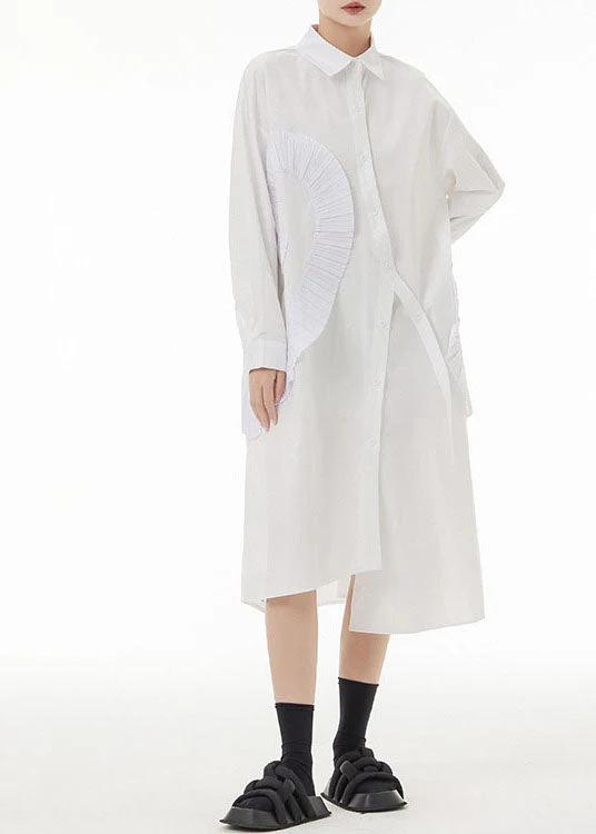 White Patchwork Cotton Shirt Dresses Asymmetrical Wrinkled Spring - Image 2