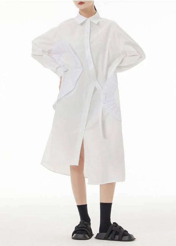 White Patchwork Cotton Shirt Dresses Asymmetrical Wrinkled Spring - Image 3