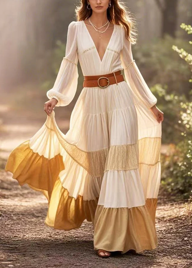 White Patchwork Exra Large Hem Holiday Tunic Dress V Neck Spring - Image 3