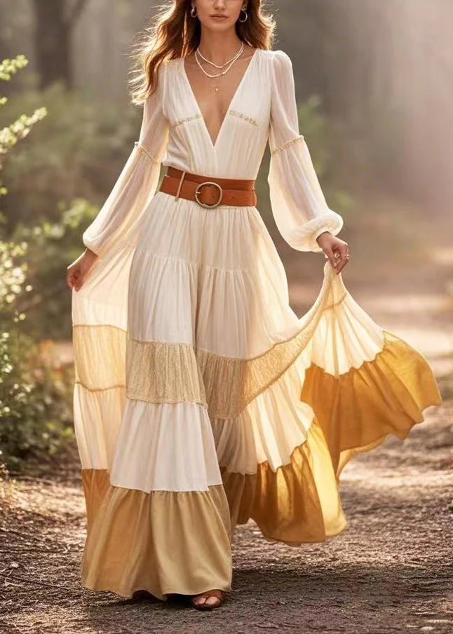 White Patchwork Exra Large Hem Holiday Tunic Dress V Neck Spring - Image 5